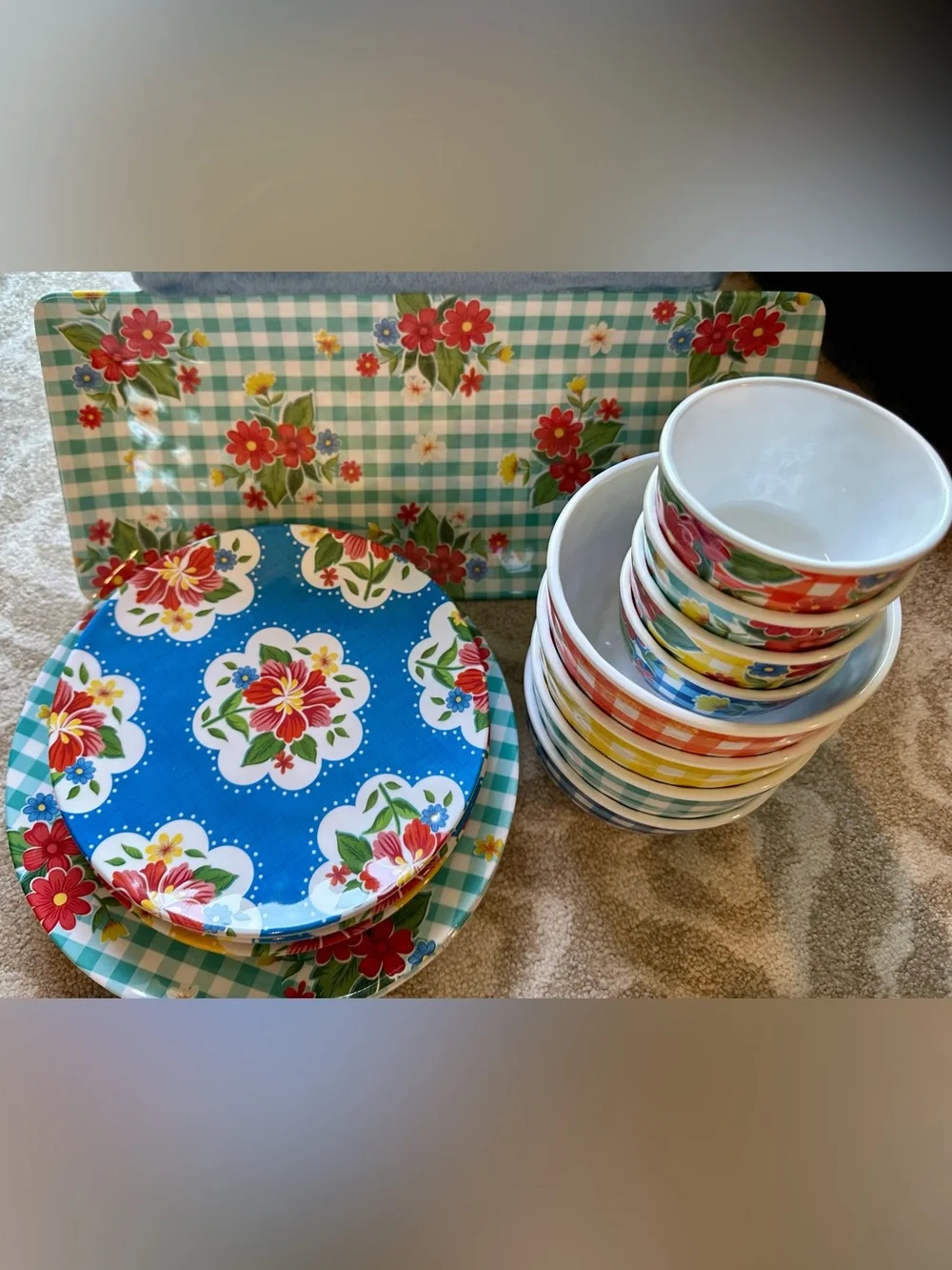 Nancy Green Floral Gingham Melamine Dinnerware Set - Blue & Multi-Color see pics